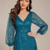 Women's Sparkle Sequin A-Line V Neck Beaded Evening Gown Long Sheer Sleeves Formal Dresses 01999