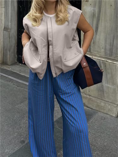 Women's Casual Zip Up Vest Cargo Ruched Hem Lightweight Sleeveless Blazer Oversized Jackets Top with Pockets