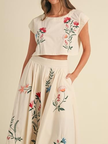 41fE3TcZiYL.jpg Women Floral Embroidery Dress Sleeveless 2 Piece Tank Top and Skirt Loose Fit Boho Dress