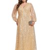 41fUb66eqAL.jpg Women's Elegant A-Line V Neck Sheer Long Sleeves Plus Size Sequin Formal Dress Evening Gown