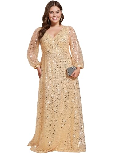41fUb66eqAL.jpg Women's Elegant A-Line V Neck Sheer Long Sleeves Plus Size Sequin Formal Dress Evening Gown