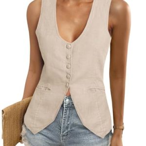 Womens Scoop Neck Blazer Vest Summer Linen Sleeveless Fitted Waistcoat Work Casual Cotton Suit Tops