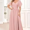 41hh-YmaI6L.jpg Women's Chiffon Flutter Sleeve Bridesmaid Dress Long with Slit V-Neck Pleated Formal Evening Party Gowns
