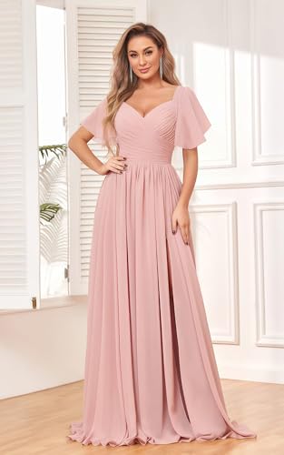 41hh-YmaI6L.jpg Women's Chiffon Flutter Sleeve Bridesmaid Dress Long with Slit V-Neck Pleated Formal Evening Party Gowns