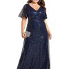 41iTVPeviL.jpg Women's V Neck Sequin Plus Size Ruffle Sleeves Long Formal Dresses 02120-DAPH