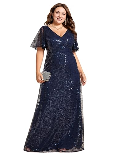 41iTVPeviL.jpg Women's V Neck Sequin Plus Size Ruffle Sleeves Long Formal Dresses 02120-DAPH