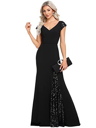 Women's V-Neck Cap Sleeves Sequin Mermaid Floor-Length Evening Dresses 01586