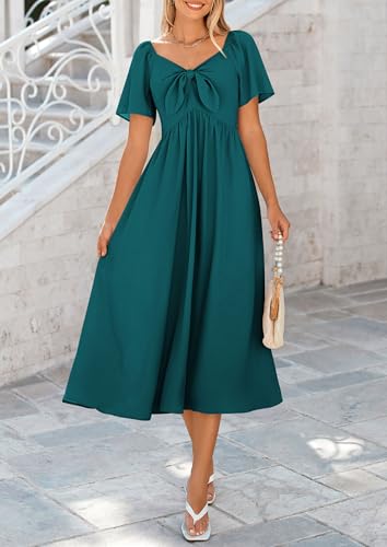 41lLbCdPlGL.jpg Summer Dress for Women 2025 Casual Short Sleeve Bow Tie V Neck Ruffle Midi Flowy Dresses