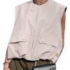 Women's Casual Zip Up Vest Cargo Ruched Hem Lightweight Sleeveless Blazer Oversized Jackets Top with Pockets