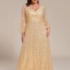 41nNcRuFwaL.jpg Women's Elegant A-Line V Neck Sheer Long Sleeves Plus Size Sequin Formal Dress Evening Gown