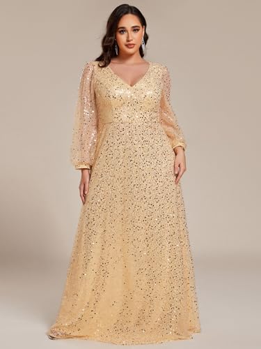 41nNcRuFwaL.jpg Women's Elegant A-Line V Neck Sheer Long Sleeves Plus Size Sequin Formal Dress Evening Gown