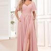41niKeprViL.jpg Women's Chiffon Flutter Sleeve Bridesmaid Dress Long with Slit V-Neck Pleated Formal Evening Party Gowns