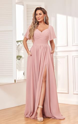 41niKeprViL.jpg Women's Chiffon Flutter Sleeve Bridesmaid Dress Long with Slit V-Neck Pleated Formal Evening Party Gowns