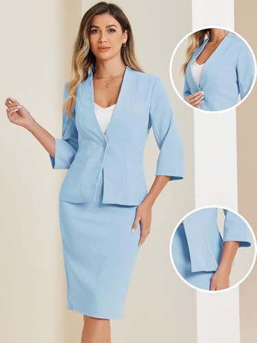 Business Skirt Suit Set for Women's 2 Piece Office Work Outfit Collarless Blazer Pencil Skirt