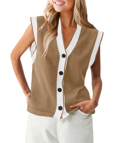41ojRpOuWVL.jpg Womens V Neck Sweater Vest Button Down Cap Sleeve Summer Trendy Color Block Loose Knit Tank Tops