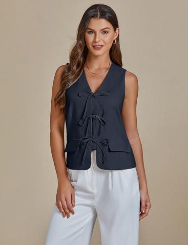 Linen Vest for Women Trendy Sleeveless Tie Front Tops Summer Casual Top Waistcoat Suit Vests with Pockets