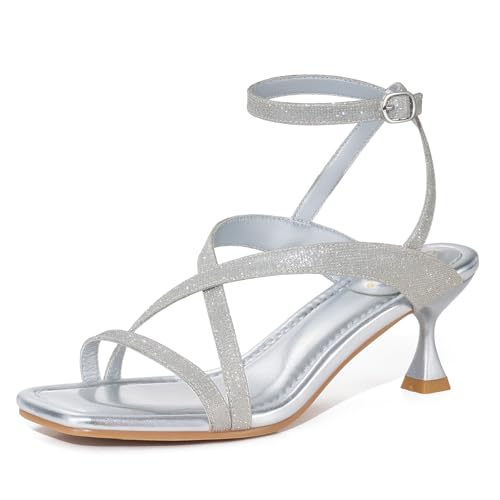 41rDyfzbTL.jpg Women's Low Kitten Heels Sandals Dressy Strappy Heeled Sandals Open Square Toe Ankle Strap Summer Dress Party Shoes 2.4 Inch