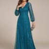 Women's Sparkle Sequin A-Line V Neck Beaded Evening Gown Long Sheer Sleeves Formal Dresses 01999