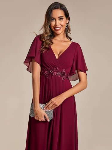 Women's Cocktail Dresses V Neck A-Line Elastic High Waist Wedding Guest Evening Party Maxi Dress 02093