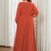 Women's Elegant Floor Length V Neck Lantern Sleeves Floral Applique Plus Size Formal Evening Dresses