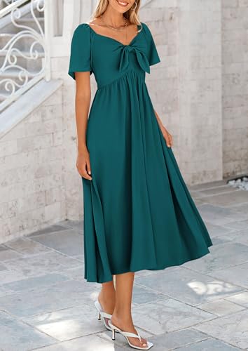 41tXrlyBmEL.jpg Summer Dress for Women 2025 Casual Short Sleeve Bow Tie V Neck Ruffle Midi Flowy Dresses