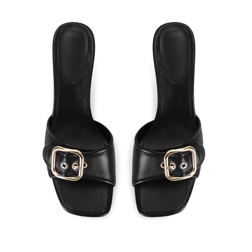 Black Kitten Heel Sandals Stiletto Low Heels Slip On Slides Mule Sandal Square Open Toe Dress Shoes for Women