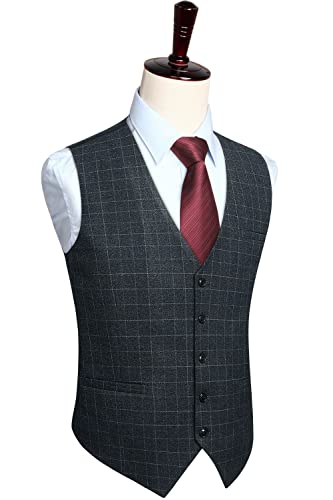 Men's Suit Vest Plaid Dress Vest for Men Slim Fit Formal Business Waistcoat Tuxedo V-Ncek Solid Vest for Wedding