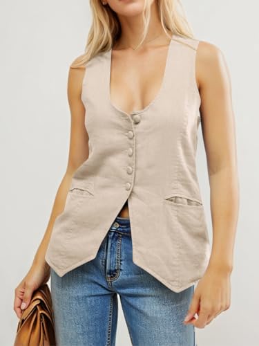 Womens Scoop Neck Blazer Vest Summer Linen Sleeveless Fitted Waistcoat Work Casual Cotton Suit Tops