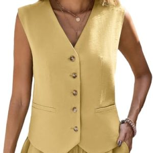 Linen Vest Tops for Women Summer Lihtweight Breathable V-Neck Button Fashion Casual Work Beach Vacation Outerwear