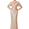 Women's Double V-Neck Flared Sleeves Memaid Sequin Floor Length Evening Dresses 01435