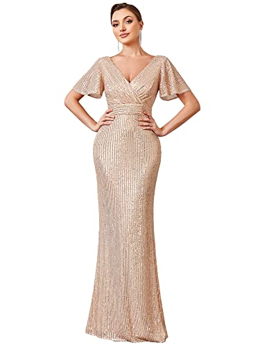 Women's Double V-Neck Flared Sleeves Memaid Sequin Floor Length Evening Dresses 01435