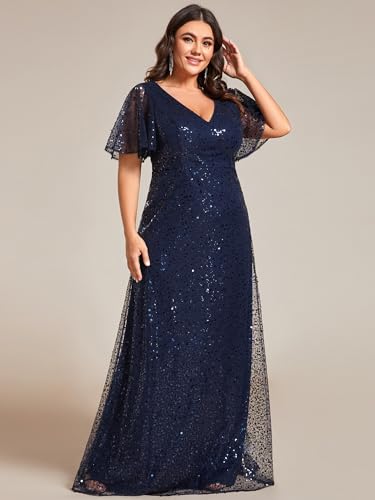 41wfWgh7CgL.jpg Women's V Neck Sequin Plus Size Ruffle Sleeves Long Formal Dresses 02120-DAPH