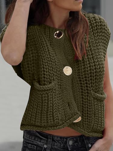 41whrESHnnL.jpg Women's Sleeveless Cropped Knit Cardigan 2025 Casual Button Down Crochet Sweater Vest Tops with Pockets