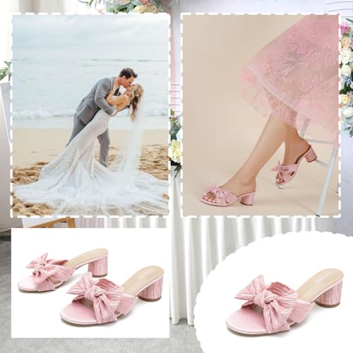 Women's Bowknot Low Chunky Heels Mules Sandals Slip on Pleated Bow Heels Wedding Bridal Party Dress Shoes