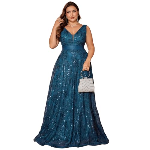 41xFKvOPP3L.jpg Plus Size Formal Dresses for Women with Embroidery Sequin and V-Neck, A-Line Maxi Dress for Wedding and Cocktail