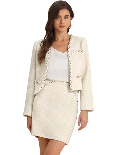 41xnOqUeLgL.jpg 2 Piece Tweed Plaid Skirt Set for Women's Business Collarless Blazer and Mini Skirt Suit Sets