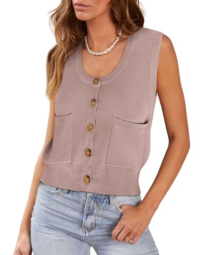 Womens Sweater Vest Summer Ribbed Tank Tops Sleeveless Button Down Shirts Scoop Neck Top for Women