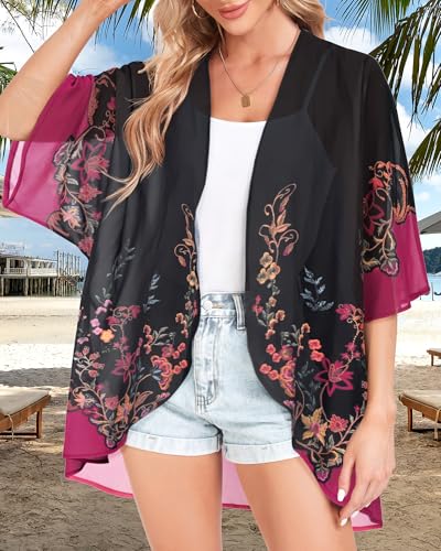 Women Kimono Cardigans Casual Summer Tops Cover up Open Front Floral Print Resort Wear