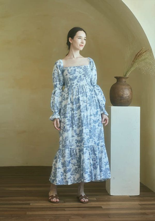 Women Linen Cotton Dress, Floral Pattern Yuki Gown, Women Casual Dress, Off Shoulder Frock