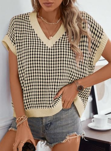 515B36luUjL.jpg Womens Casual Summer Tops V Neck Short Sleeve Plaid Knit Vest Loose Fit Pullover Sweaters Blouses