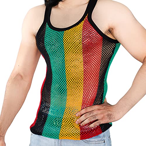 516V9b08IKL.jpg Men's Rasta String Vest 100% Cotton Mesh Marina Caribbean Jamaican Tank Top See-Through Gym Beach Shirt