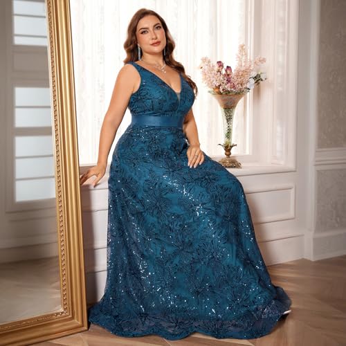 519U24v4iL.jpg Plus Size Formal Dresses for Women with Embroidery Sequin and V-Neck, A-Line Maxi Dress for Wedding and Cocktail