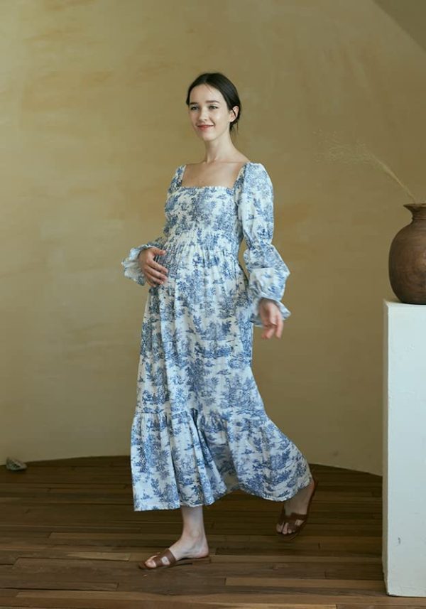 Women Linen Cotton Dress, Floral Pattern Yuki Gown, Women Casual Dress, Off Shoulder Frock