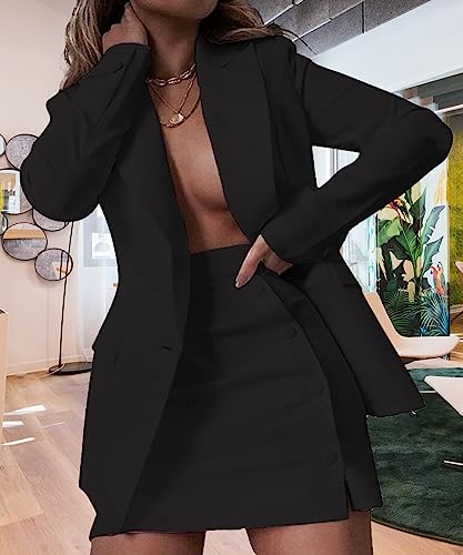 Women's 2 Piece Blazer and Skirt Suits, Open Front Blazer Jackets + Side Slit Mini Skirts