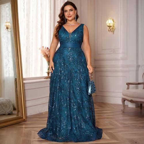 51GJUvA40tL.jpg Plus Size Formal Dresses for Women with Embroidery Sequin and V-Neck, A-Line Maxi Dress for Wedding and Cocktail