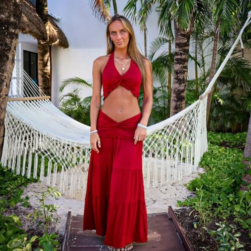 Women 2 Piece Outfits Sleeveless Strap Top Maxi Skirt Solid Color Going Out Vacation 2 Piece Sets for Women