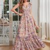 Women's Summer Floral Print Straps Sleeveless V Neck Criss Cross Backless Chiffon Beach Boho Party Long Maxi Dress
