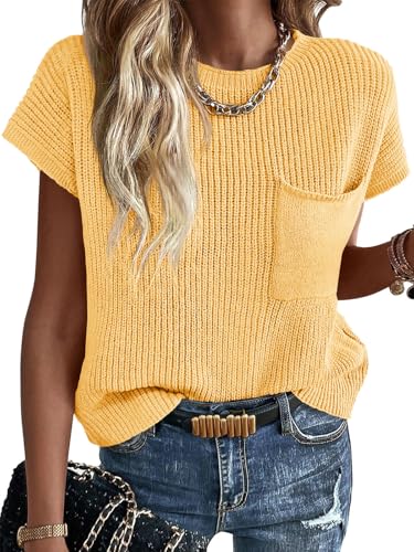 Summer Short Sleeve Sweater for Women 2025 Crew Neck Ribbed Knit Vests Trendy Pullover Tops