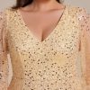 51RYT3R0RCL.jpg Women's Elegant A-Line V Neck Sheer Long Sleeves Plus Size Sequin Formal Dress Evening Gown