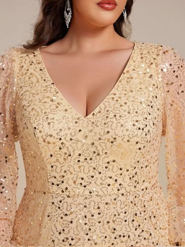 51RYT3R0RCL.jpg Women's Elegant A-Line V Neck Sheer Long Sleeves Plus Size Sequin Formal Dress Evening Gown
